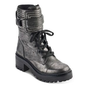 DKNY Womens Silver Basia Round Toe Block Heel Leather Combat Boots 5.5 M